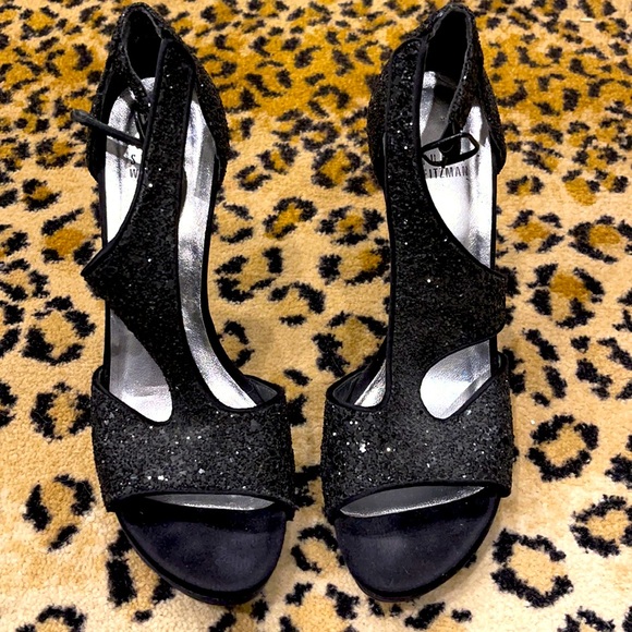 STUART WEITZMAN Open toe glitter T-strap black satin sandals Size 9 - Picture 2 of 6